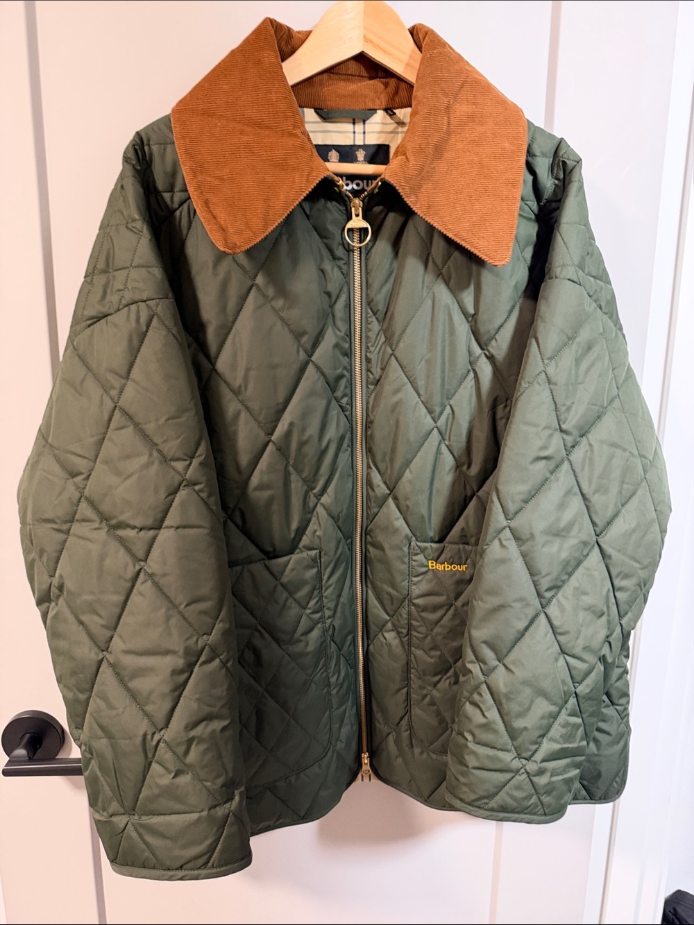 Barbour Green Quilted Jacket with Brown Cord Collar